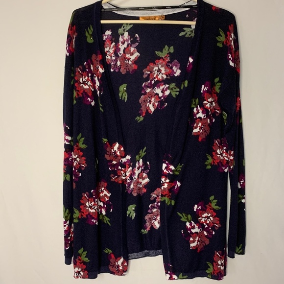 Belldini Floral Cardigan Medium Navy Open Sweater Long Sleeve Spring Wrap Casual - Picture 1 of 10